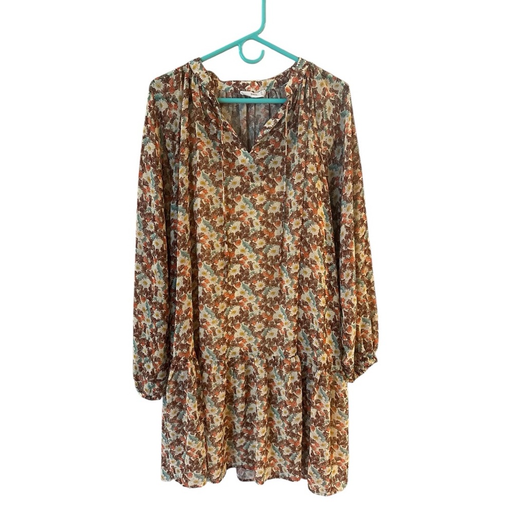MANGO brown multi print, balloon sleeves, chiffon, lined dress. Size 10